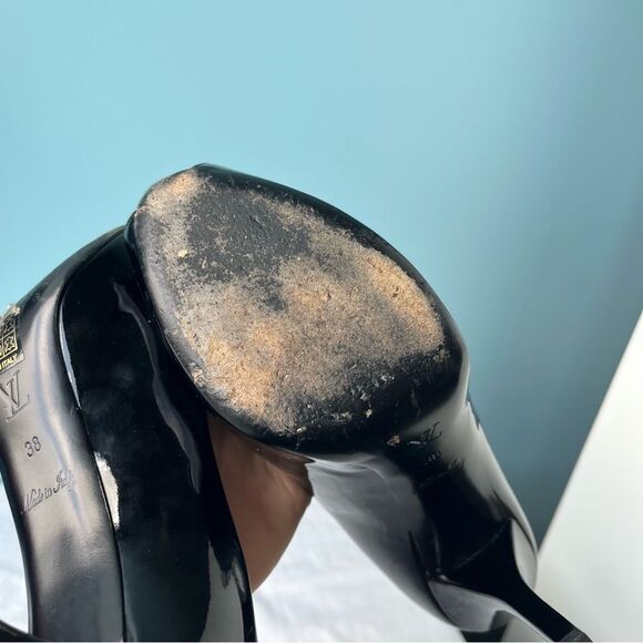 LOUIS VUITTON BLack Patent Leather Padlock Peep Toe Heels sz. 38 - Picture 9 of 15